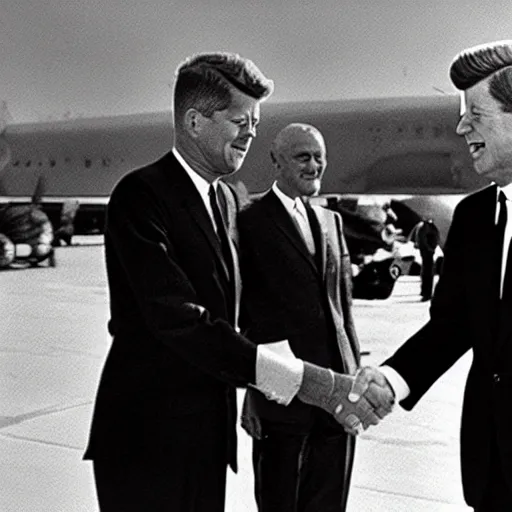 Image similar to president kennedy shaking hands with an alien from outer space