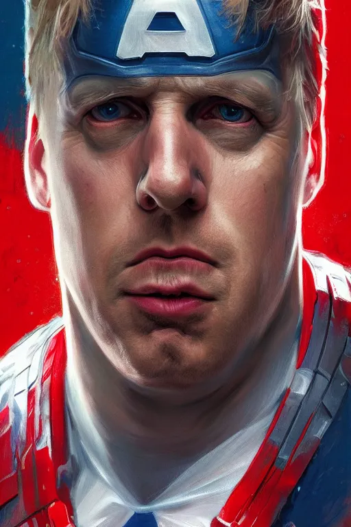 Image similar to Boris Johnson as Captain America, realistic portrait, symmetrical, highly detailed, digital painting, artstation, concept art, smooth, sharp focus, illustration, cinematic lighting, art by artgerm and greg rutkowski and alphonse mucha