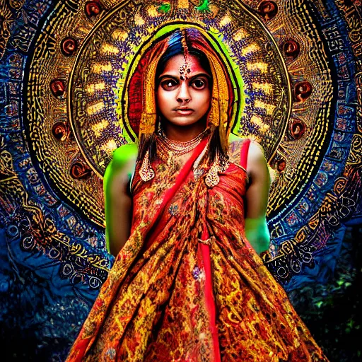 Prompt: photograph of an indian hindu woman in an intricate beautiful dress, ornate, psychedelic, hdr 4 k, award - winning photograph, national geographic