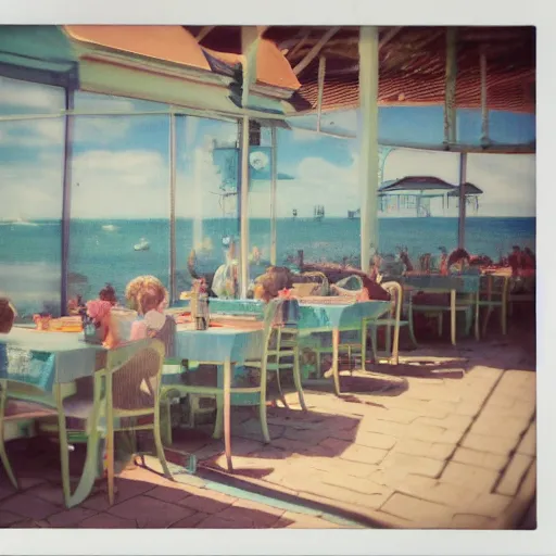Prompt: a pastel colour Polaroid photo from a holiday album at a seaside restaurant, all glass is iridescent and colours pastels, no people, nostalgic