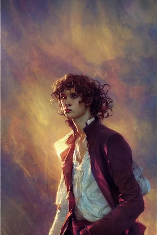 Image similar to enjolras from les miserables the musical, ray of light, shimmering and prismatic, rococo, by krenz cushart and mucha and monet, trending on artstation.