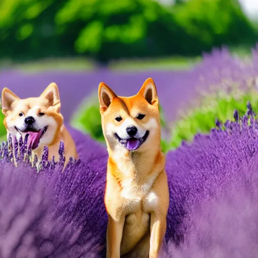 Image similar to A group of Shiba Inus in Purple Lavender field, 8k UHD, Nature photography, high detail, High quality, stunning lighting, beautiful lighting,