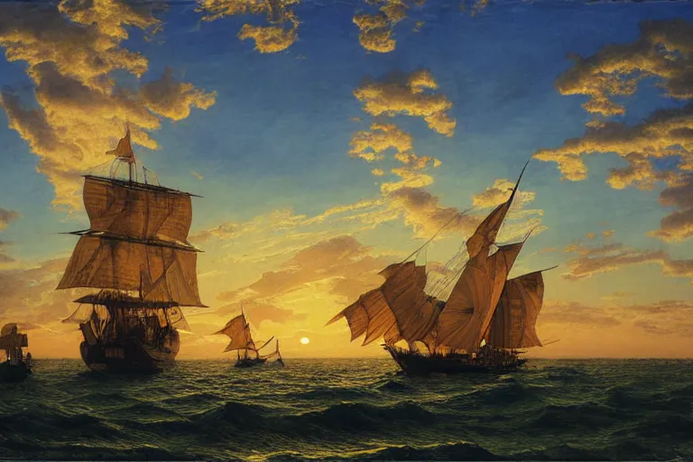 Image similar to painting of a spanish galleon, a spanish galleon, sailing the amazon river, jungle, sunset, clouds, chill, romantic, by ludwig deutsch and maxfield parrish, patterned tilework, extremely detailed, cinematic lighting, smooth sharp focus