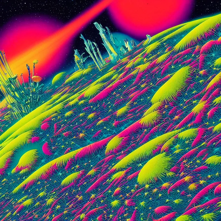 Image similar to edge of interstellar space, bright neon colors, highly detailed, cinematic, hiroo isono, eyvind earle, philippe druillet, roger dean, lisa frank, aubrey beardsley, ernst haeckel