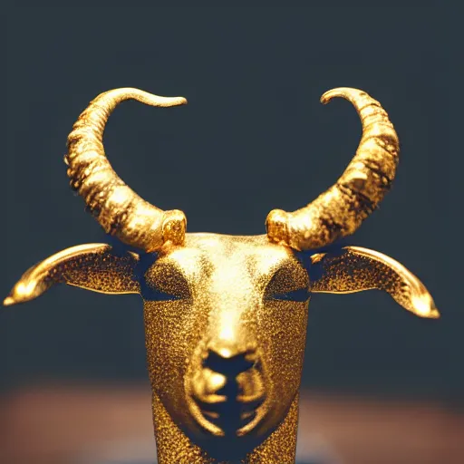 Prompt: Cinematic still of a sculpture of an anthropomorphic goat wearing a gold crown and royal robe, portrait, shallow depth of field, rap album cover