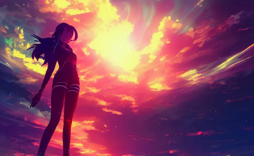 Image similar to anime scene background of futuristic solar-punk tokyo, anime painting, 3d render, hyper realistic, dramatic lighting, the sky is a nebula on fire, 8k hdr pixiv dslr photo by Makoto Shinkai ilya kuvshinov and Wojtek Fus, digital art, concept art,