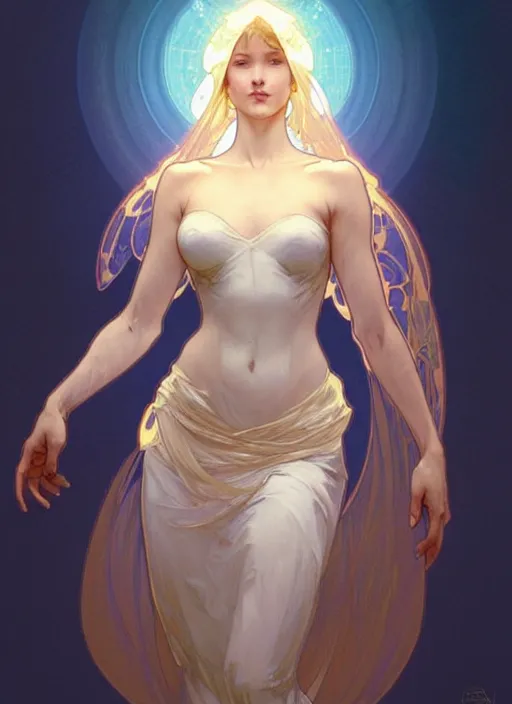 Image similar to digital character concept art by artgerm and greg rutkowski and alphonse mucha. clear portrait of a modern young wife blessed by god to unstoppably grow more perfect and fertile!! blonde, in clothes!! feminine well - formed holy body!! light effect. hyper detailed, glowing lights!! intricate, elegant, digital painting, artstation, smooth, sharp focus