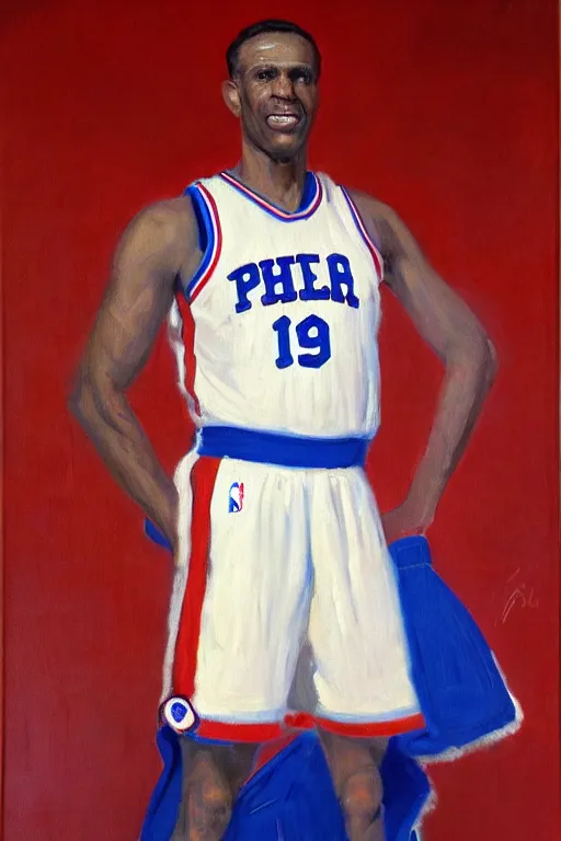 Prompt: full body portrait of the dictator of the philadelphia 7 6 ers, 1 9 5 5, in full military garb, oil on canvas by william sidney mount, trending on artstation