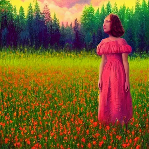 Image similar to girl with a enlarged flower instead of face, surreal photography, dream, standing in flower field, hills, big trees, sunrise dramatic light, impressionist painting, colorful clouds, digital painting, pointillism, artstation, simon stalenhag, flower face