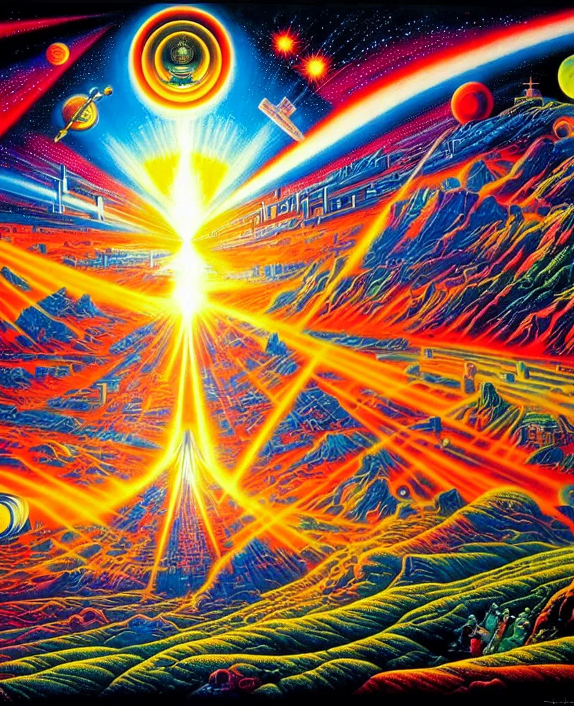 Prompt: a beautiful colorful future for humanity, spiritual science, divinity, utopian, heaven on earth by david a. hardy, wpa, public works mural, socialist