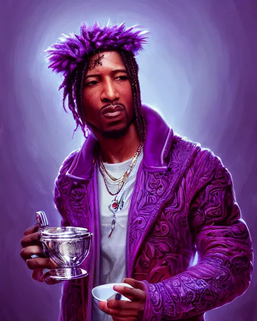 Image similar to future the rapper holding cup of codeine, accurate details, detailed face, purple liquid in cup glowing, fantasy, dramatic, intricate, elegant, highly detailed, digital painting, artstation, concept art, smooth, sharp focus, illustration, art by Gustave Dore, octane render