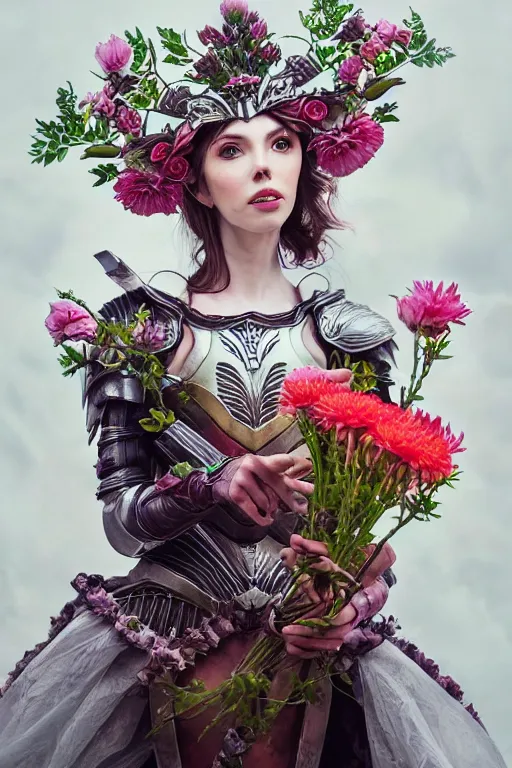 Image similar to closeup portrait of a beautiful mysterious amouranth warrior wearing an armour costume and helmet, holding a bouquet of flowing flowers from below, hands disappeared under the bouquet of flowers, profile view, fantasy, regal, intricate, by ren hang, martine johanna, tran nguyen