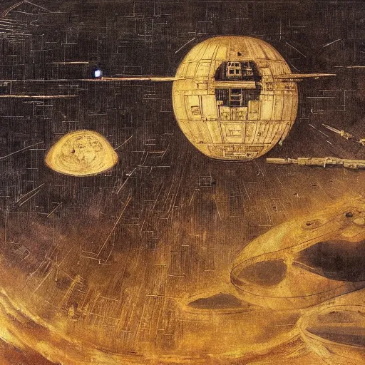 Prompt: the destruction of the death star, painted by leonardo de vinci