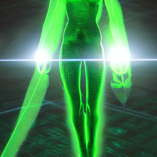 Image similar to cure glowing green hologram girl from cyberspace, 9 0 s cgi design, lens flare, green, vray