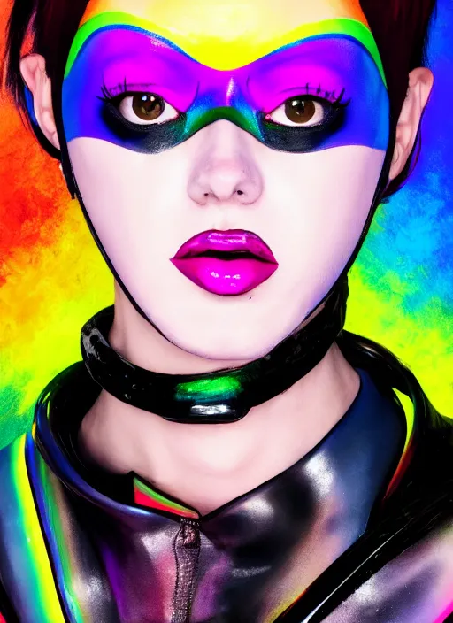 Image similar to full body abstract surreal weird oil painting portrait of tracer overwatch, confident pose, full body, full body, wearing black jagged iridescent rainbow latex armor, rainbow, neon, 4 k, expressive, makeup, wearing large rainbow neon choker, studio lighting, black latex, expressive detailed face and eyes,