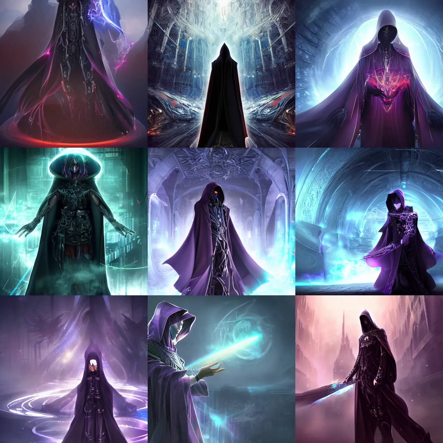 Prompt: 2.5D CGI anime fantasy artwork of a cloaked hooded dark intricate cybernetic sorcerer character with high quality glistening beautiful colors, rich moody dark atmosphere, omnipotent, megastructure background