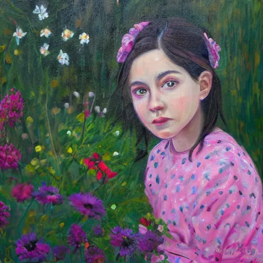 Prompt: a portrait of a girl in the garden, carvaggesque, painted in high resolution