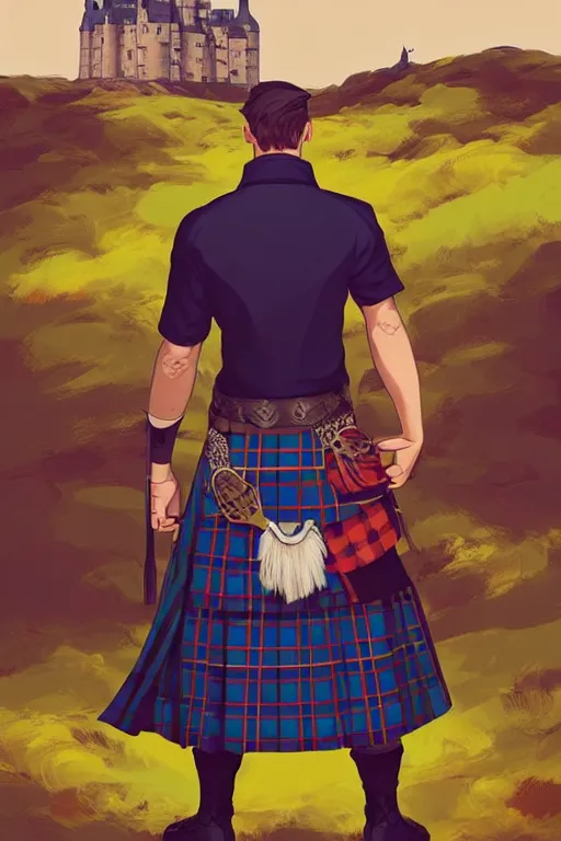 Image similar to a scottish scotland man in a kilt, centered, castle scotland background, median photoshop filter cutout vector behance, hd by artgerm, jesper ejsing, by rhads, makoto shinkai and lois van baarle, ilya kuvshinov, rossdraws, illustration, art by ilya kuvshinov and gustav klimt