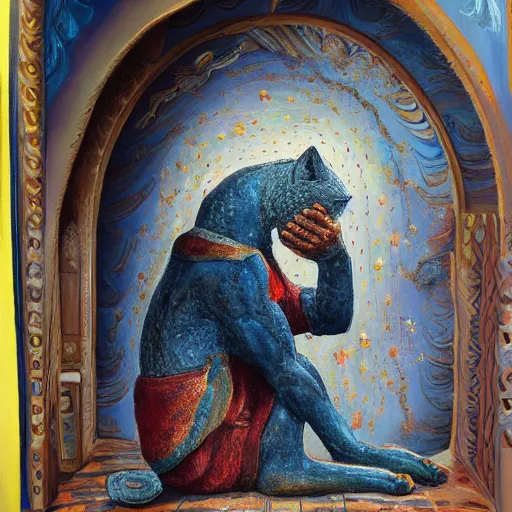 Image similar to a godlike cat and the human race praying him. highly detailed. Award winner. Beautiful paint.