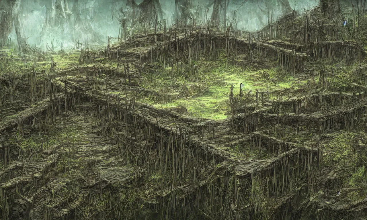 Image similar to rotten palisade, swamp, digital art, illustration, fantasy