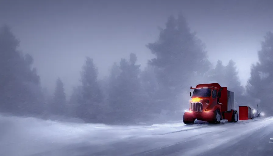 Image similar to A cozy Snowplow! clearing a beautiful snowy landscape. A blizzard and heavy snow falls. Fog and mist, highly detailed, concept art, digital art, 4k, high snow