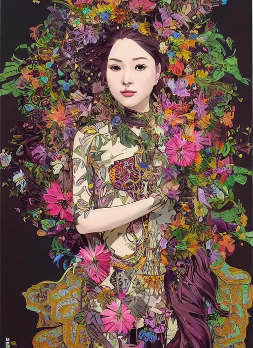 Image similar to !!! very coherent!!! oil painting, beautiful floralpunk iban cyborg portrait girl female illustration detailed patterns art of sarawak traditional dress, flower pop art, floral splash painting, art by ashley wood, alphonse mucha, makoto shinkai, geof darrow, dark shadow