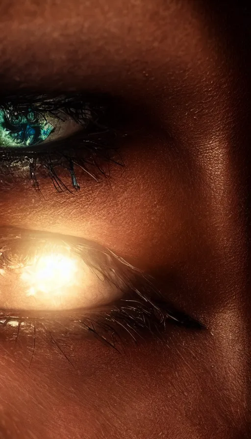 Image similar to a close up of very tired eyes, moody lighting, lens flare, atmosphere, glow, detailed, intricate, full of colour, cinematic lighting, trending on artstation, 4 k, hyperrealistic, focused, extreme details, unreal engine 5, cinematic, masterpiece