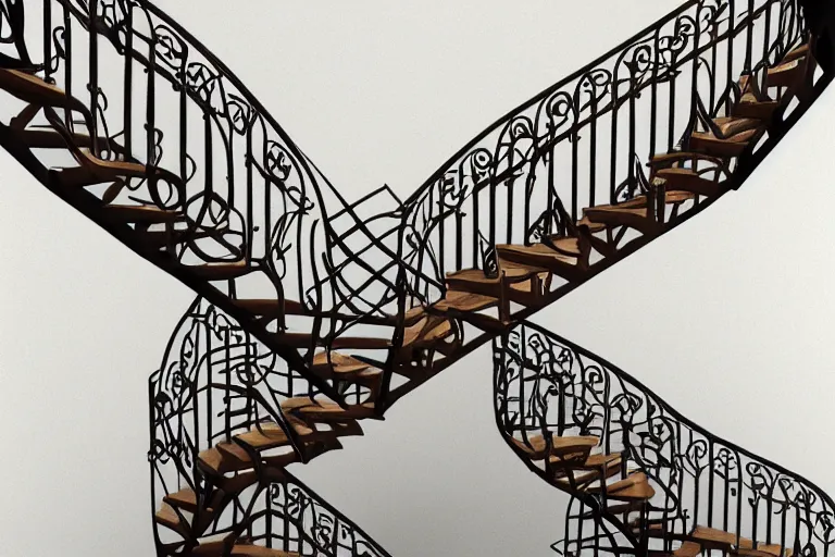 Image similar to wrought iron staircase, mc escher style, organic, art nouveau, 3d render