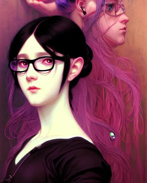 Prompt: portrait of beautiful cute young goth girl with glasses, white hairs, cyberpunk, high details, neon, art by ( ( ( kuvshinov ilya ) ) ) and wayne barlowe and gustav klimt and artgerm and wlop and william - adolphe bouguereau