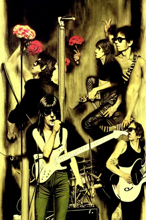 Image similar to the velvet underground and nico playing live on stage at a night club, beautiful stage decoration with flowers in the background, painting by norman rockwell, very detailed and toned down and ornamental and moody and cool and relaxed and high on drugs, tasteful colors, trending on artstation, behance contest winner