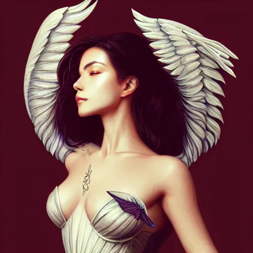 Image similar to 3 / 4 view of a portrait of beautiful woman with wings, confident pose, pixie, genshin impact, high quality, intricate, elegant, sharp focus, illustration, highly detailed, concept art, matte, trending on artstation, art by wlop and artgerm and greg rutkowski, h 6 4 0