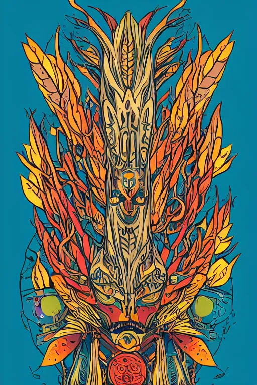 Image similar to animal mask totem roots flower tribal feather gemstone plant wood rock shaman vodoo video game vector cutout illustration vivid multicolor borderlands comics by josan gonzales and dan mumford radiating a glowing aura