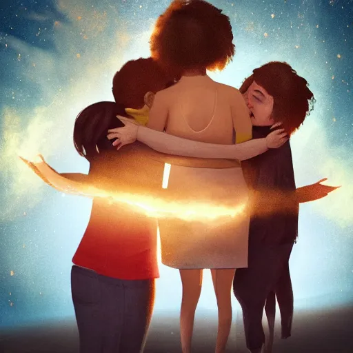 Image similar to a family hugging each other for the last time as the world is ending, meteors are falling from the sky, everything is on fire, dramatic lighting, digital art, very very very very very very beautiful, 8 k, dark lighting, trending on artstation, award winning