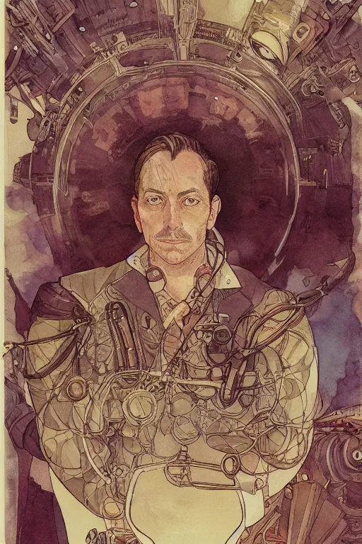 Image similar to zoomed out portrait of a german duke, stylized illustration by yoshitaka amano and moebius, watercolor gouache detailed paintings, mucha vibe, dieselpunk, solarpunk, artstation