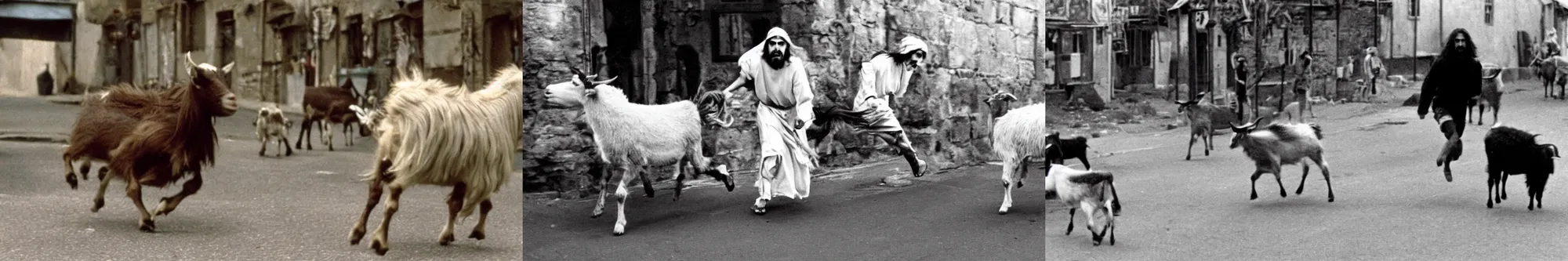 Prompt: Jesus gets chased down the street by an angry goat, film still