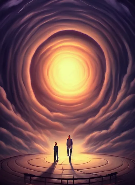 Image similar to a person standing in front of a large circular object, an album cover by cyril rolando, deviantart, magic realism, photoillustration, apocalypse art, matte drawing