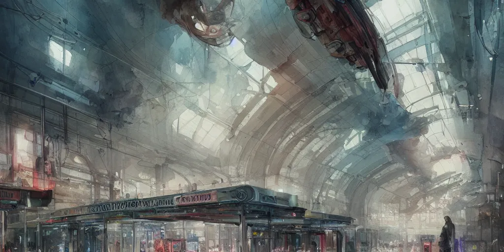 Prompt: a beautiful insanely intricate watercolor illustration of modern metro station, reflexions, colorfull, by william turner art, by greg rutkowski, by james jean, by rossdraws, by frank franzzeta, by sakimichan, trending on artstation, insanely detailed, masterpiece,