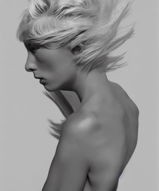 Image similar to a color photograph of a non binary model, platinum blonde, by thomas ruff, intense, bold, hyperrealistic, ultra sharp, extra details, ultra high quality, trending on pinteresst