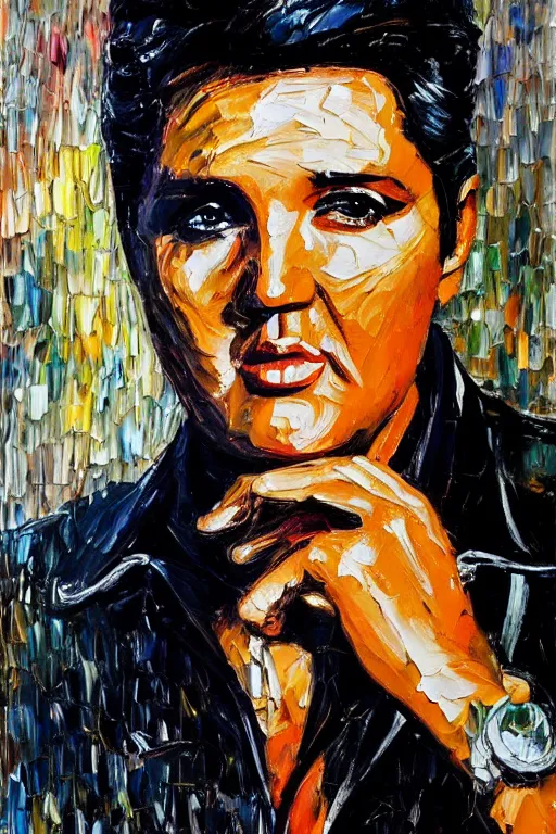 Image similar to highly detailed palette knife oil painting of Elvis Presley, wealthy, wise, by Peter Lindbergh, impressionistic brush strokes, painterly brushwork