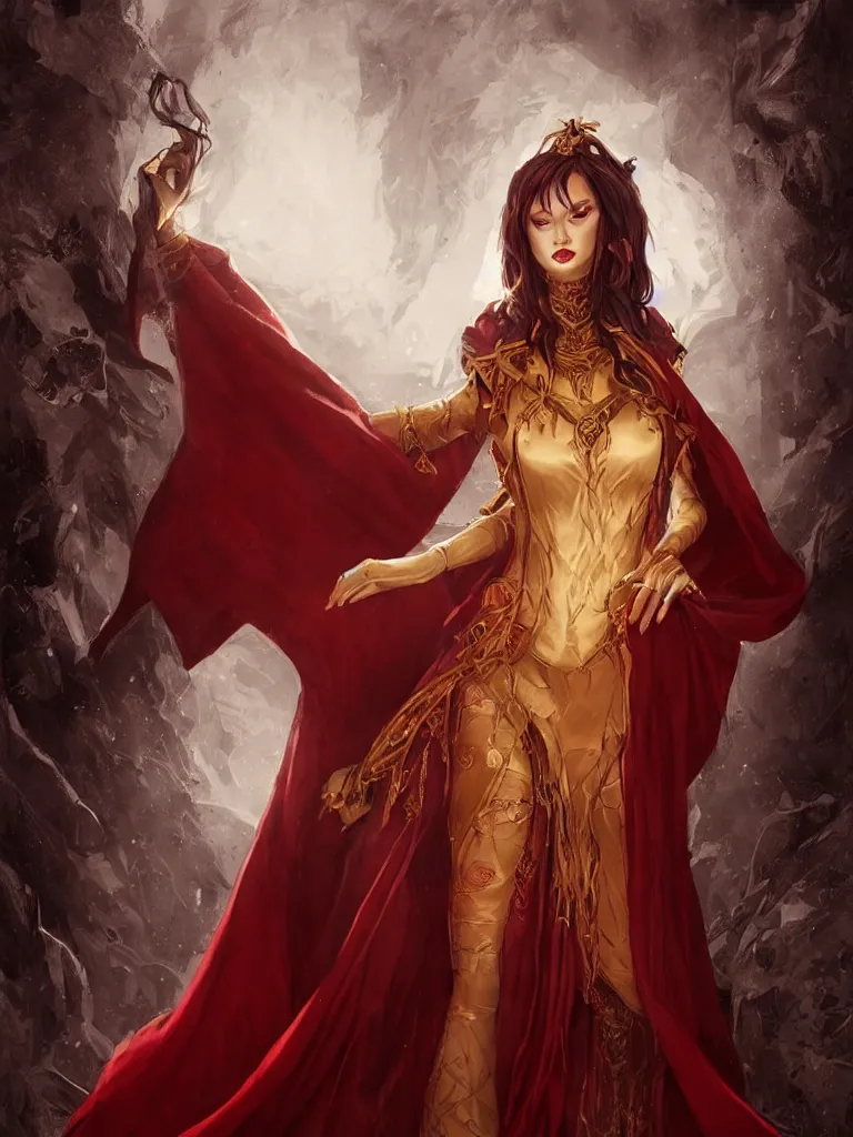 Prompt: Portrait of a sorceress, alone!!, dnd, d&d, toned shape, alluring, Red robes, golden accents, crimson clothes, corset, neckline, young, dark red hair, dark skin, burning eyes, floating, detailed face!, highly detailed, high fantasy, digital illustration, by Krenz Cushart and Artem Demura and alphonse mucha, artstation, HD, 4K, midjourney
