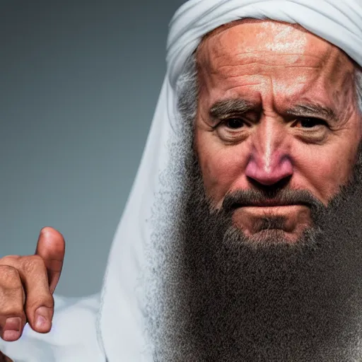 Image similar to 4 k portrait sony a 7 f 2. 8 of president joe biden as a muslim taliban leader surrounded by oil barrels