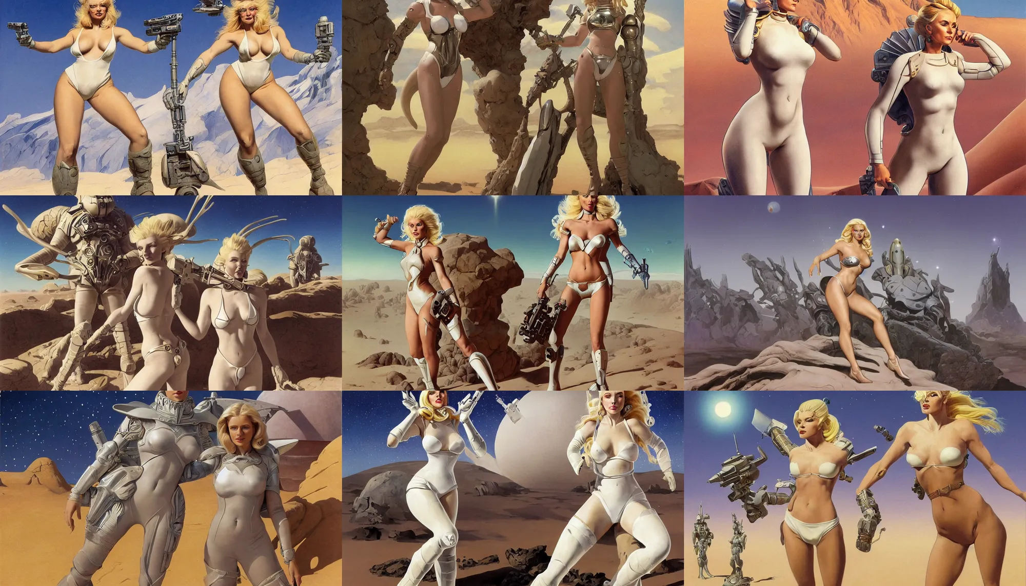 Prompt: A mixed media portrait painting of a beautiful blonde woman posing on a desert alien planet, soldier, very curvy, white atomic-space-age style bikini-armor and boots, aesthetic symmetrical face and eyes, Scandinavian, by Boris Vallejo, Beeple, Frank Frazetta, Greg Rutkowski, Christian MacNevin, Alphonse Mucha, epic fantasy character art, high fantasy, CGsociety, 60's Sci-fi Pinup style, exquisite detail, post-processing, masterpiece, cinematic