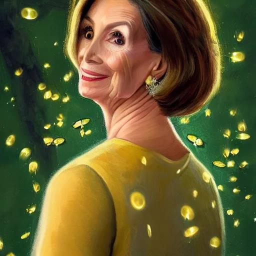 Image similar to a highly detailed, hyper realistic, gorgeous portrait with torso of nancy pelosi, among wonderful golden fireflies, long hair, green eyes, hint of freckles, round gentle face, cheeky smile, seen from behind, she looks behind her shoulders, deep focus, elegant, digital painting, smooth, sharp, golden ratio, illustration, art by artgerm and caravaggio