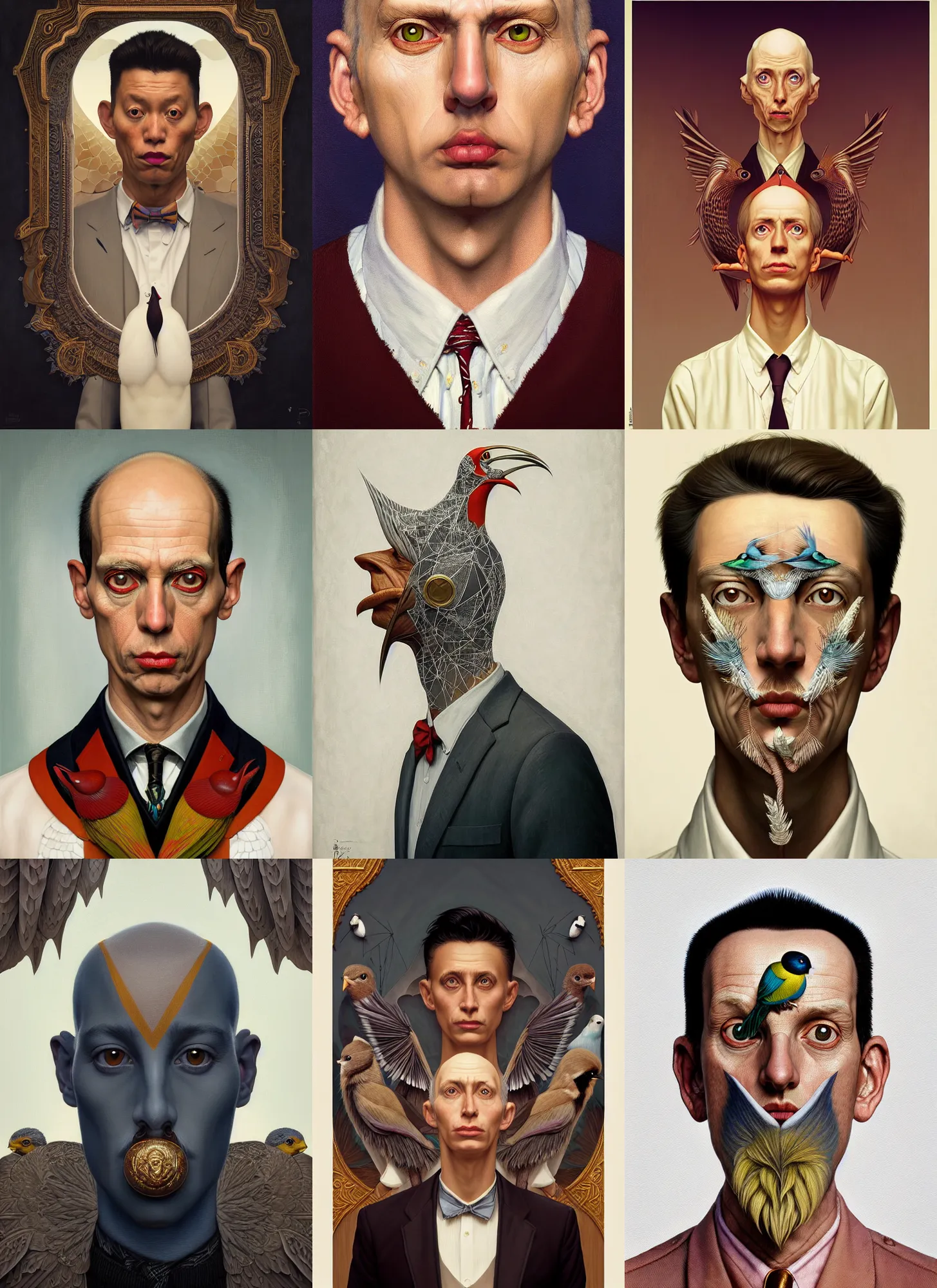 Prompt: symmetry!! rpg! portrait of a surreal bird man on white background, intricate, highly detailed, digital painting, artstation, concept art, smooth, sharp focus, illustration, art by norman rockwell emiliano ponzi andrey remnev yoann lossel john currin aaron jasinski ivan albright hsiao - ron cheng, 8 k