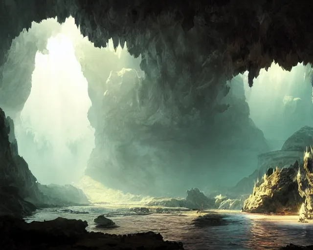 Prompt: dragon in a beautiful huge cave with stalactites, stalagmites, underwater glittering river, volumetric light, by greg rutkowski