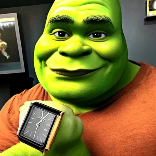 Image similar to shrek take a selfie, he is flexing about his new watch