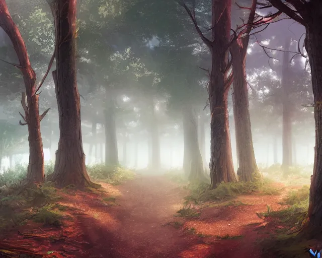 Prompt: environmental illustration of a wide angle shot of a trail in a foggy ancient forest | | anime key visual, official media, illustrated by wlop, extremely detailed, 8 k, trending on pixiv, cinematic lighting, beautiful