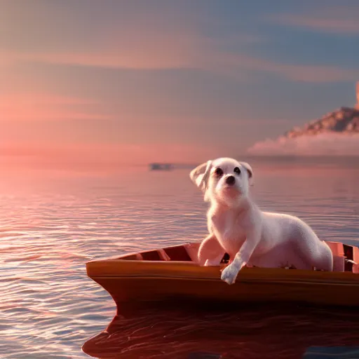 Prompt: a close - up image of a baby dog on a small wooden boat in the sea near a small island at sunrise, ghibli studio, pixar and disney style, concept art, octane render, unreal engine 5, trending on artstation, high quality, highly detailed, colorful, anatomically correct, anime style, beautiful, path traced, cute