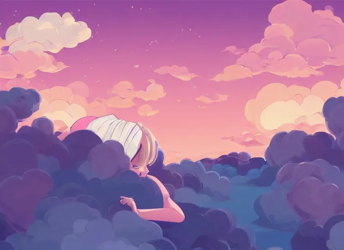 Image similar to a newborn baby with blonde hair lying on a cloud in front of a pink and blue sunrise sky. clean cel shaded vector art. shutterstock. behance hd by lois van baarle, artgerm, helen huang, by makoto shinkai and ilya kuvshinov, rossdraws, illustration, art by ilya kuvshinov