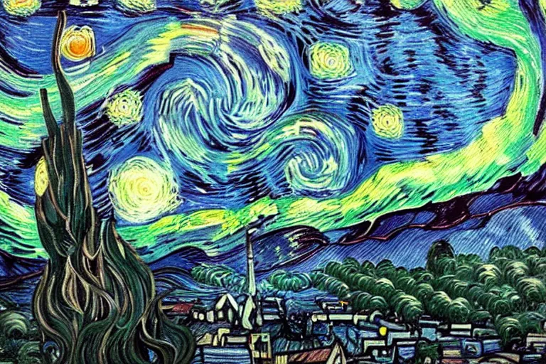 Prompt: man is seeing old god eldritch horror cthulhu terrifying the night sky of a city, epic scene, hyper - detailed, gigantic cthulhu, realistic dark - art painted by van gogh